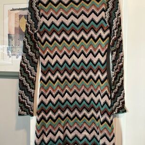 Missoni Green and Cream Sheath Dress Long Sleeve Crew Neck